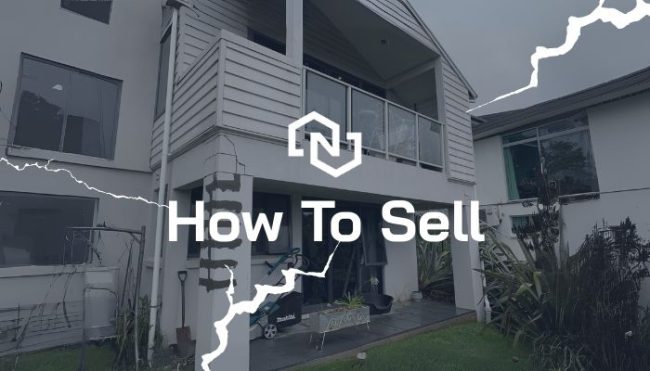 How to sell a damaged home in Christchurch Exterior of a damaged two-storey Christchurch home with balcony and patched column, overlaid with “How To Sell a damaged Christchurch home”