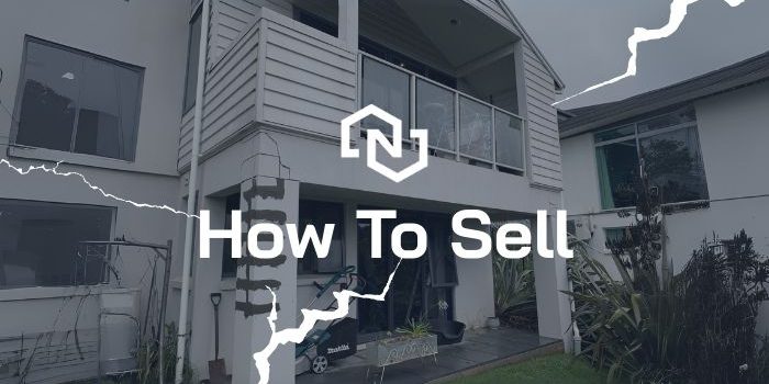 Exterior of a damaged two-storey Christchurch home with balcony and patched column, overlaid with “How To Sell a damaged Christchurch home”