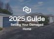 a single-storey Christchurch house with detached garage; overlay reads “2025 Guide to Selling Your Damaged Home”