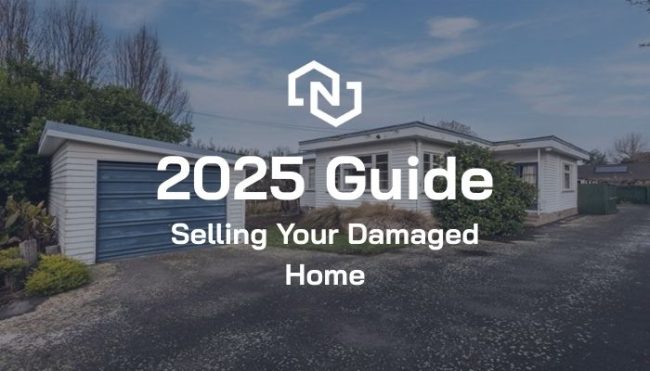 2025 Guide: Sell an As-Is, Where-Is Home in Christchurch a single-storey Christchurch house with detached garage; overlay reads “2025 Guide to Selling Your Damaged Home”