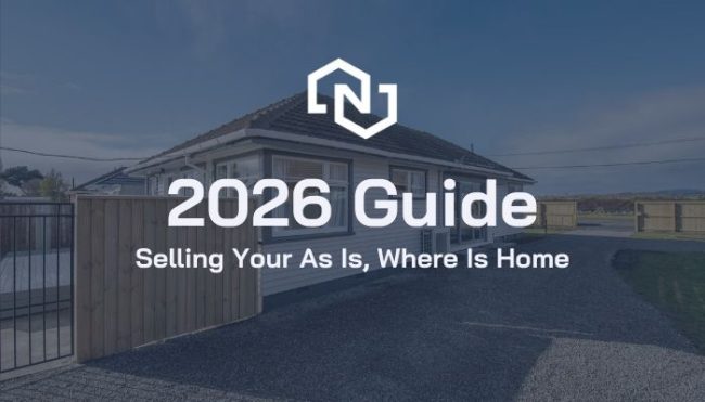 a single-storey Christchurch house with detached garage; overlay reads “2026 Guide to Selling Your As Is, Where Is Home”