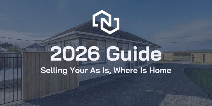a single-storey Christchurch house with detached garage; overlay reads “2026 Guide to Selling Your As Is, Where Is Home”