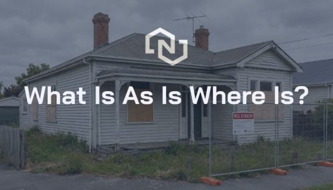 Weathered Christchurch house behind a fence with “What Is As Is Where Is?” text overlay, featured image for an as is where is seller guide.